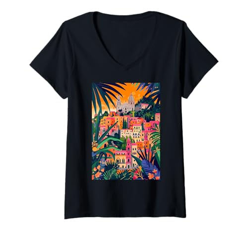 Damen Matera Italien Thema Kunst Minimalistisch T-Shirt mit V-Ausschnitt von Italy Aesthetic Minimalist Art (Matera)