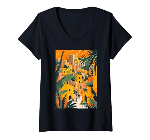 Damen Matera Italien Thema Minimalistische Kunst T-Shirt mit V-Ausschnitt von Italy Aesthetic Minimalist Art (Matera)