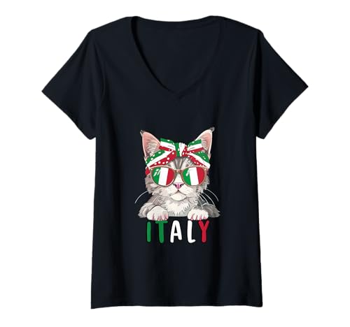 Damen Italienischer Katzenliebhaber lustige italienische Katze Italien T-Shirt mit V-Ausschnitt Damen Italienischer Katzenliebhaber lustige italienische Katze Italien T-Shirt mit V-Ausschnitt von Italy Cat Italian Colors Italy Flag