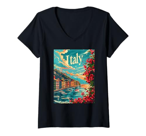 Damen Italien Vibrant Coastal Escape Beauty T-Shirt mit V-Ausschnitt Damen Italien Vibrant Coastal Escape Beauty T-Shirt mit V-Ausschnitt von Italy Coastal Escape Scenic Views
