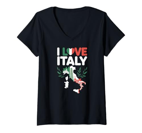 Damen Ich Liebe Italien Karte Wahrzeichen Ikonen Stolz T-Shirt mit V-Ausschnitt Damen Ich Liebe Italien Karte Wahrzeichen Ikonen Stolz T-Shirt mit V-Ausschnitt von Italy Heritage Culture Travel Lover