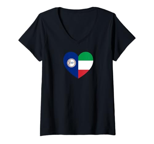 Damen Virginia and Italy Flags: Heart Shaped Unity T-Shirt mit V-Ausschnitt von Italy Love Pride Merch