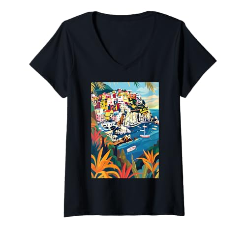 Damen Italien Cinque Terre Illustration T-Shirt mit V-Ausschnitt von Italy Minimalist Art Graphics (Cinque Terre)