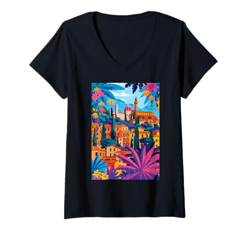 Damen Florenz Italien Ästhetische Kunst T-Shirt mit V-Ausschnitt von Italy Minimalist Art Graphics (Florence)