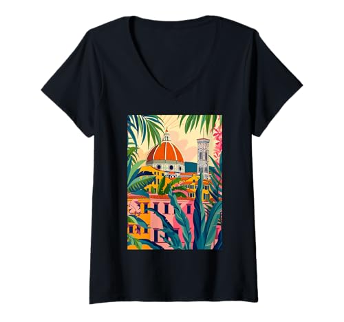 Damen Florenz Italien Minimalistische Kunst T-Shirt mit V-Ausschnitt von Italy Minimalist Art Graphics (Florence)