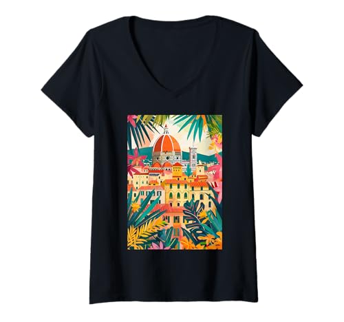 Damen Florenz Italien Minimalistische Kunst T-Shirt mit V-Ausschnitt von Italy Minimalist Graphics Arts (Florence)