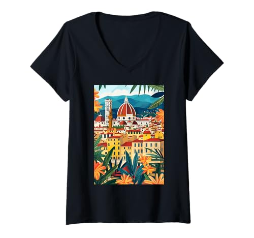 Damen Italien Florenz Ästhetische Kunst T-Shirt mit V-Ausschnitt von Italy Minimalist Graphics Arts (Florence)