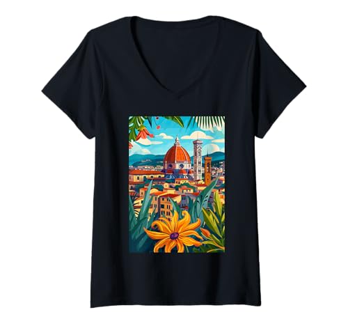 Damen Italien Florenz Illustration T-Shirt mit V-Ausschnitt von Italy Minimalist Graphics Arts (Florence)