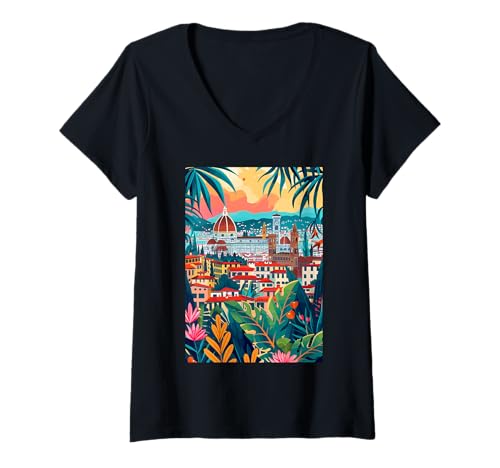 Damen Italien Florenz Minimalistische Kunst T-Shirt mit V-Ausschnitt von Italy Minimalist Graphics Arts (Florence)