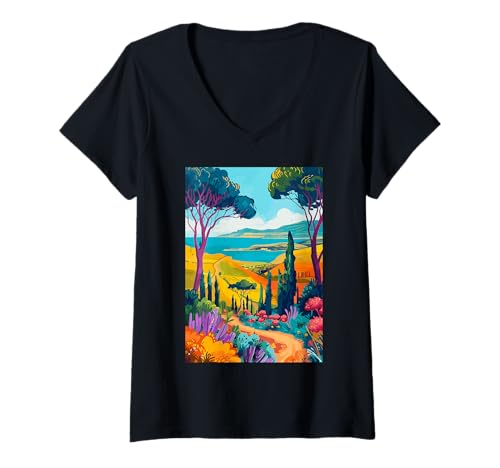 Damen Italien Maremma Art Minimalist T-Shirt mit V-Ausschnitt von Italy Minimalist Graphics Arts (Maremma)