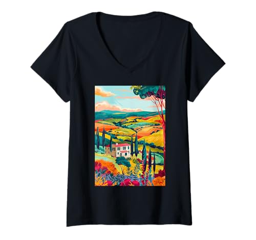 Damen Italien Maremma Minimalistische Kunst T-Shirt mit V-Ausschnitt von Italy Minimalist Graphics Arts (Maremma)