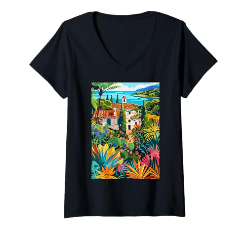 Damen Italien Thema Maremma Illustration T-Shirt mit V-Ausschnitt von Italy Minimalist Graphics Arts (Maremma)
