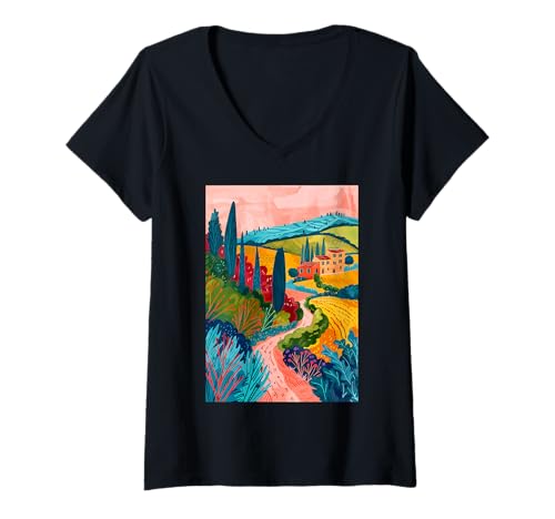 Damen Italien Thema Maremma Kunst T-Shirt mit V-Ausschnitt von Italy Minimalist Graphics Arts (Maremma)
