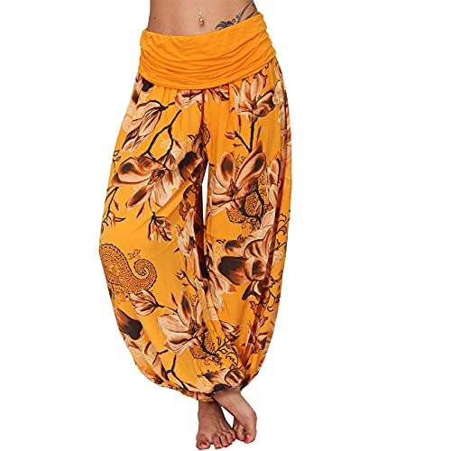 Italy Moda Aladinhose Damen Haremshose leichte Sommerhose Blume Rose XS-L (XS-L, Orange Blume) von Italy Moda