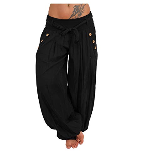 Italy Moda Haremshose Aladinhose Pumphosen Sommerhose Hose Strandhose Blume Gürtel (XS-L, Schwarz Uni) von Italy Moda