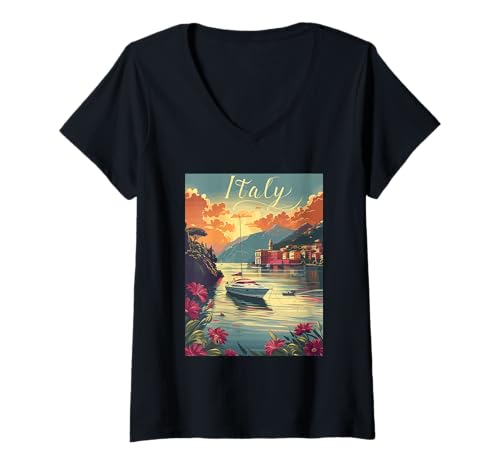 Damen Italien Sonnenuntergang Küste Schönheit Landschaft Szene T-Shirt mit V-Ausschnitt von Italy Scenic Travel Adventure Journey