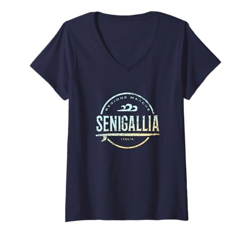 Damen Senigallia Italien - Retro Senigallia Italia Vintage Surf T-Shirt mit V-Ausschnitt von Italy Shoreline Apparel
