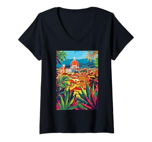 Damen Florenz Italien Ästhetische Kunst T-Shirt mit V-Ausschnitt von Italy Theme Minimalist Art (Florence)