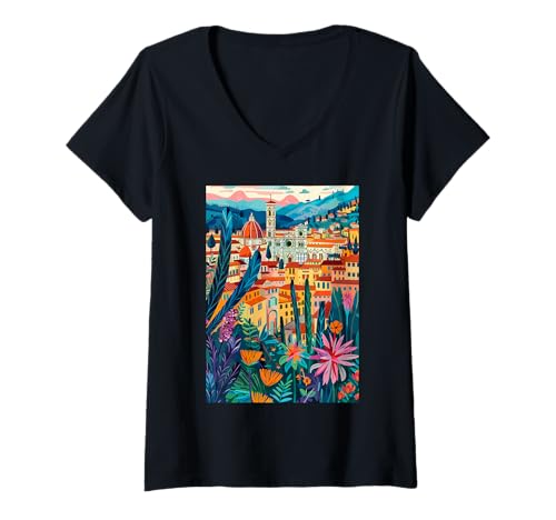 Damen Florenz Italien Kunst T-Shirt mit V-Ausschnitt von Italy Theme Minimalist Art (Florence)