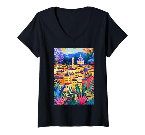Damen Florenz Natur Italien Kunst T-Shirt mit V-Ausschnitt von Italy Theme Minimalist Art (Florence)