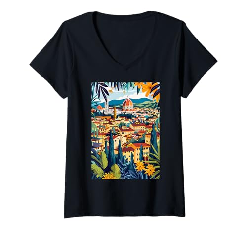 Damen Italien Florenz Ästhetische Kunst T-Shirt mit V-Ausschnitt von Italy Theme Minimalist Art (Florence)