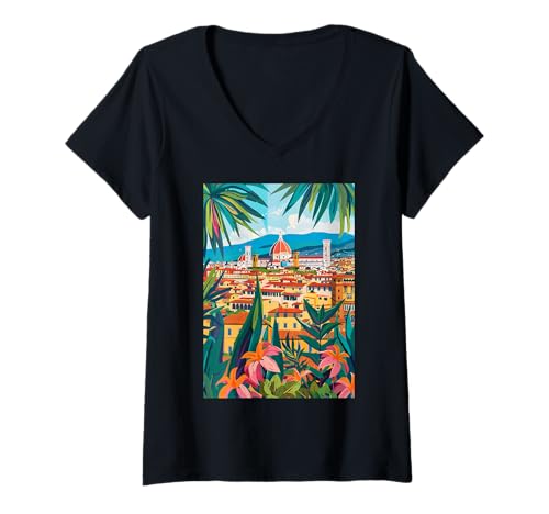 Damen Italien Florenz Kunst Minimalistisch T-Shirt mit V-Ausschnitt von Italy Theme Minimalist Art (Florence)
