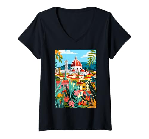 Damen Italien Florenz Minimalistische Kunst T-Shirt mit V-Ausschnitt von Italy Theme Minimalist Art (Florence)
