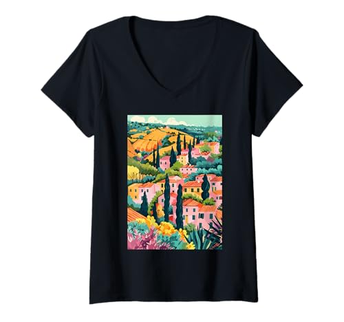 Damen Italien Maremma Illustration T-Shirt mit V-Ausschnitt von Italy Theme Minimalist Art (Maremma)