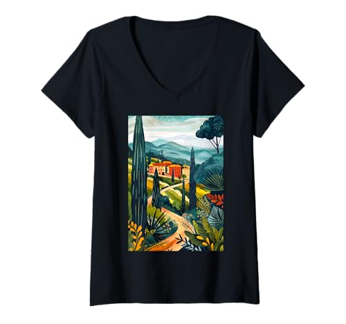 Damen Italien Maremma Travel Art T-Shirt mit V-Ausschnitt von Italy Theme Minimalist Art (Maremma)