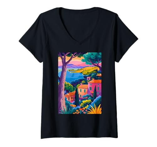 Damen Maremma Italien Kunst Minimalistisch T-Shirt mit V-Ausschnitt von Italy Theme Minimalist Art (Maremma)