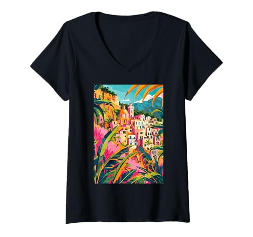 Damen Italien Matera Ästhetische Kunst T-Shirt mit V-Ausschnitt von Italy Theme Minimalist Art (Matera)