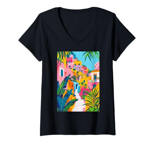 Damen Italien Matera Art Minimalist T-Shirt mit V-Ausschnitt von Italy Theme Minimalist Art (Matera)