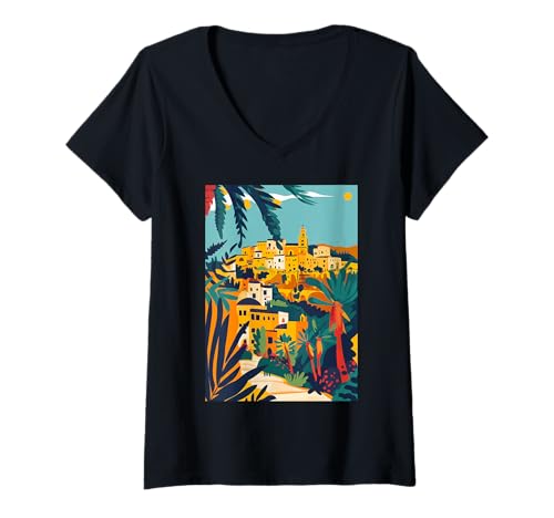 Damen Italien Matera Art T-Shirt mit V-Ausschnitt von Italy Theme Minimalist Art (Matera)