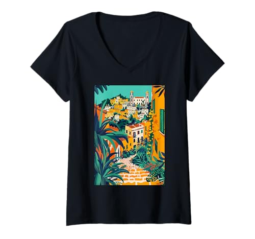 Damen Italien Matera Illustration T-Shirt mit V-Ausschnitt von Italy Theme Minimalist Art (Matera)