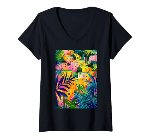 Damen Italien Matera Travel Art T-Shirt mit V-Ausschnitt von Italy Theme Minimalist Art (Matera)