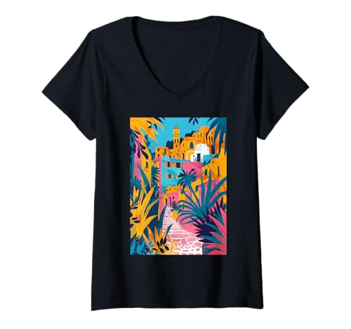 Damen Matera Art Italien T-Shirt mit V-Ausschnitt von Italy Theme Minimalist Art (Matera)