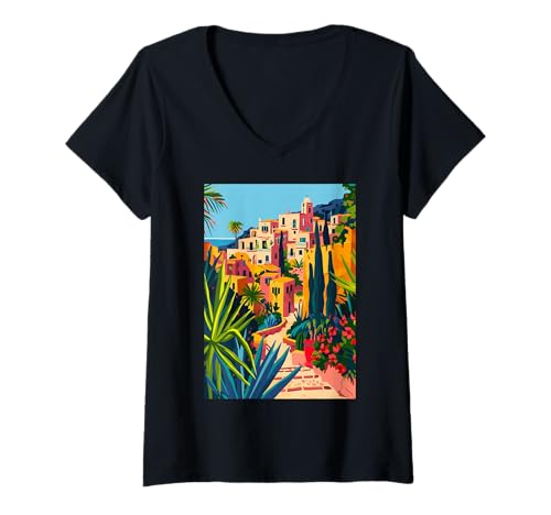 Damen Matera Italien Kunst T-Shirt mit V-Ausschnitt von Italy Theme Minimalist Art (Matera)