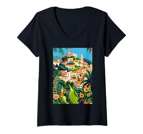 Damen Matera Italien Minimalistische Kunst T-Shirt mit V-Ausschnitt von Italy Theme Minimalist Art (Matera)