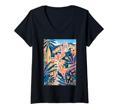 Damen Matera Italy Ästhetische Kunst T-Shirt mit V-Ausschnitt von Italy Theme Minimalist Art (Matera)