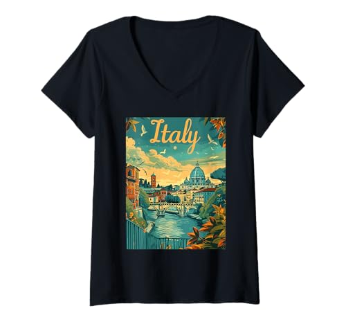 Damen Italienische Landschaft mit italienischem Text T-Shirt mit V-Ausschnitt Damen Italienische Landschaft mit italienischem Text T-Shirt mit V-Ausschnitt von Italy Travel
