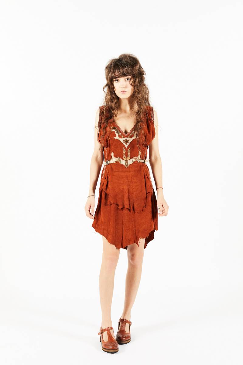 Skinclothes Vintage Braun Leder Kleid Ärmellos Gold V-Ausschnitt Jumpin Jack Flash Jj Skinclothes Vintage Braun Leder Kleid Ärmellos Gold V-Ausschnitt Jumpin Jack Flash Jj von Items111111111
