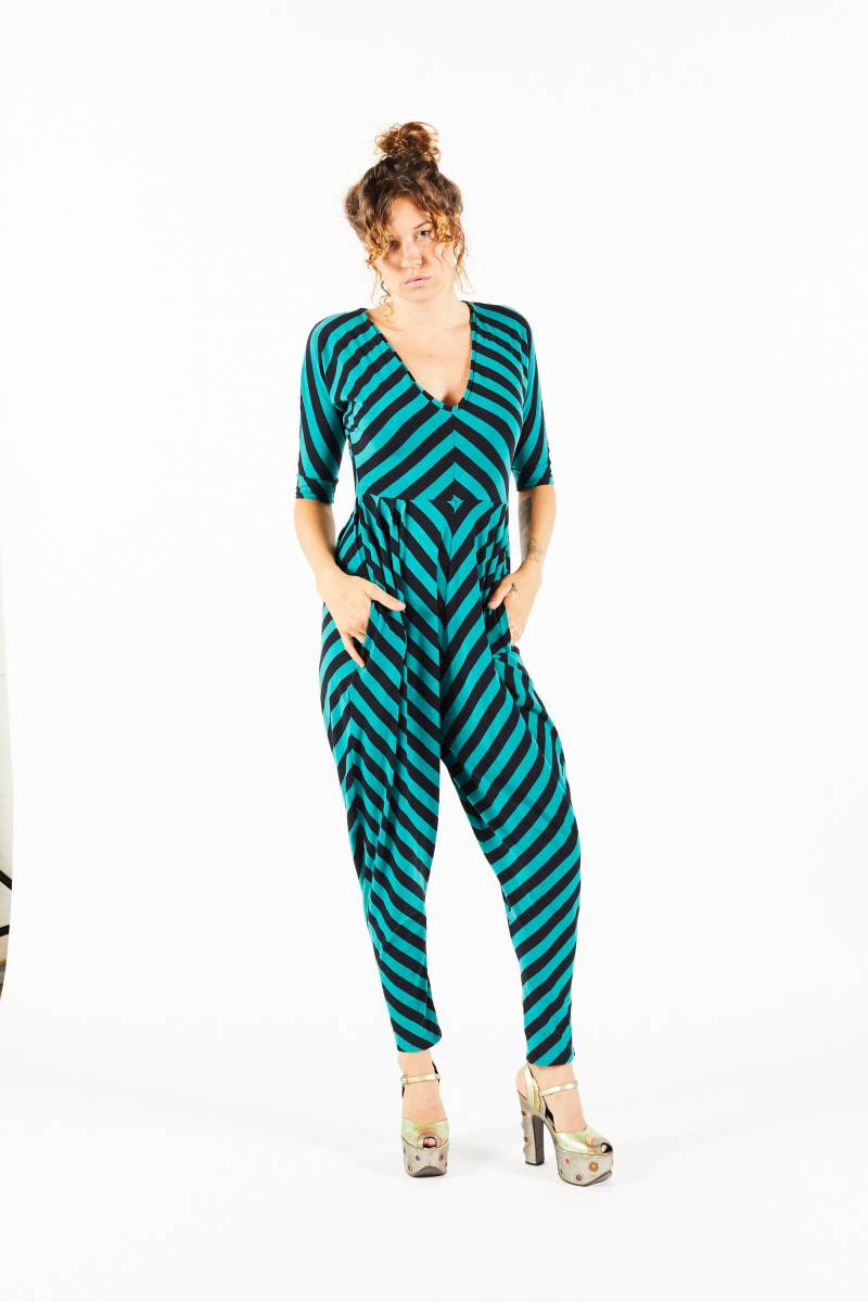 Vintage Schwarz Und Aqua Grün Gestreift Baumwolle Jumpsuit 1970Er Jahre - Jumping Jack Flash Nyc Overstock Vintage Schwarz Und Aqua Grün Gestreift Baumwolle Jumpsuit 1970Er Jahre - Jumping Jack Flash Nyc Overstock von Items111111111