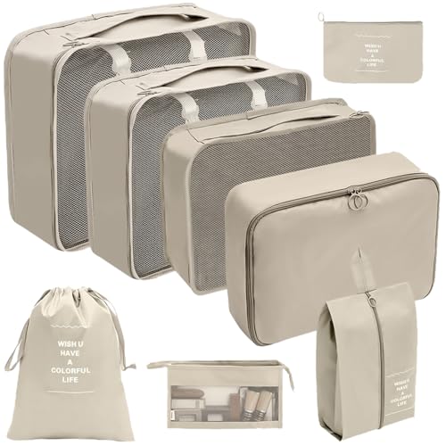 Itkcozcg Gepäck Reise Handtasche, 8X Koffer Organizer Set Packwürfel Reisegepäck Organizer Set Koffer Organizer Tasche für Kleidung Kosmetik, beige, 23*32*5cm von Itkcozcg