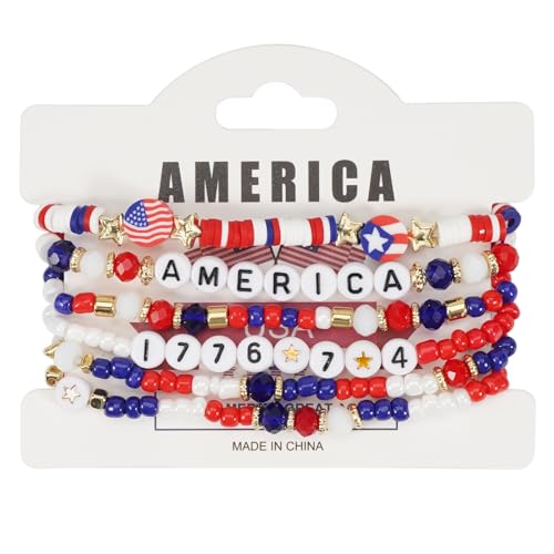 Itkcozcg Packung Von 6 Modischen Patriotischen Perlenarmbändern Elastizität 4. Juli Schmuck Amerikaner Flag Star Charme Party Accessoires Amerikaner Flag Star Charm Schmuck von Itkcozcg
