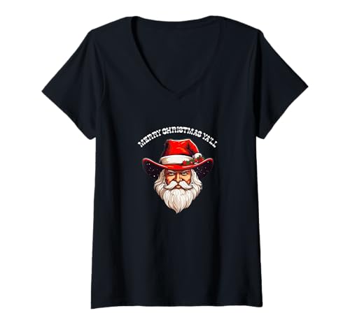 Damen Merry Christmas Ya'll Santa in a Cowboyhut Cowgirl Geschenk T-Shirt mit V-Ausschnitt von Its A Cowboy Christmas