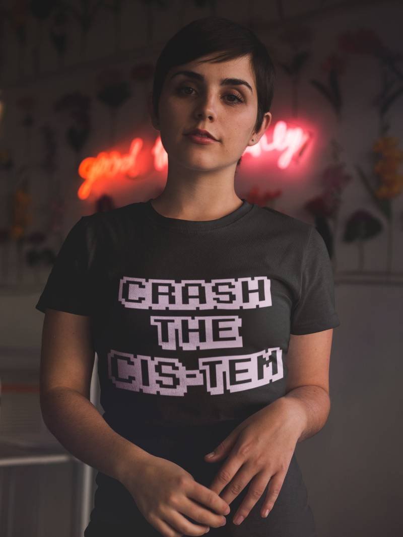 Lgbtq+ Pride - Crash The Cis-Tem Unisex T-Shirt Trans Non Binary Queer Gender Fluid Androgyn Sie/Them von ItsPerfectlyQueer