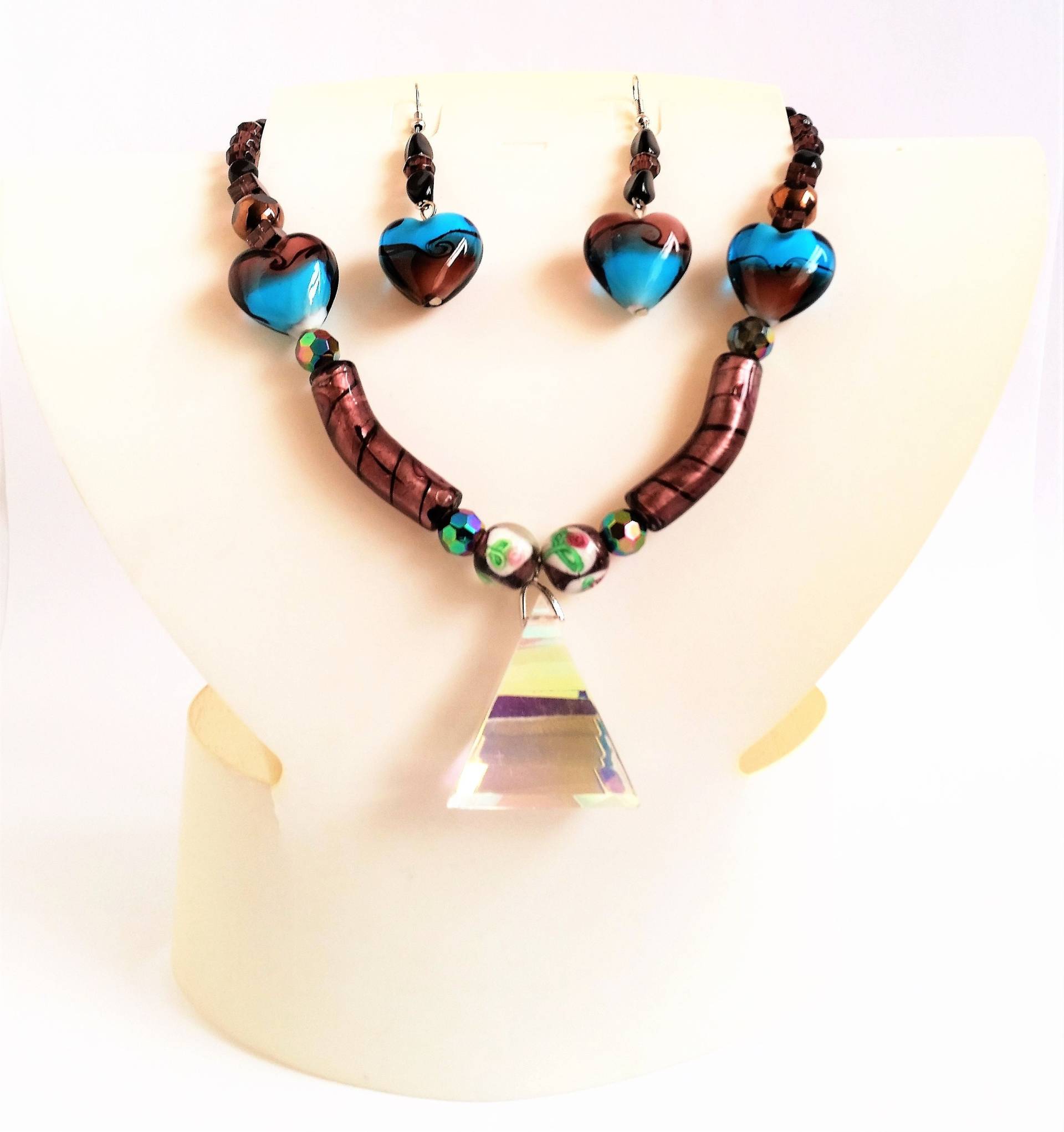 Murano Glas Perle Prisma Anhänger Halskette Und Passende Ohrringe Set, Blau, Gold, Braun, Schmuckzubehör - Gratis Geschenkbeutel, Weihnachtsgeschenk Murano Glas Perle Prisma Anhänger Halskette Und Passende Ohrringe Set, Blau, Gold, Braun, Schmuckzubehör - Gratis Geschenkbeutel, Weihnachtsgeschenk von ItsaGirlThingx