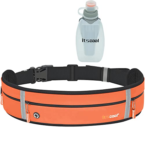 lauftasche, Itscool Laufen Bauchtasche Gürteltasche mit Wasserflasche für Damen und Herren, Schlank und hohe Kapazität, Langlebig Wasserdicht (Orange&Flasche) von Itscool