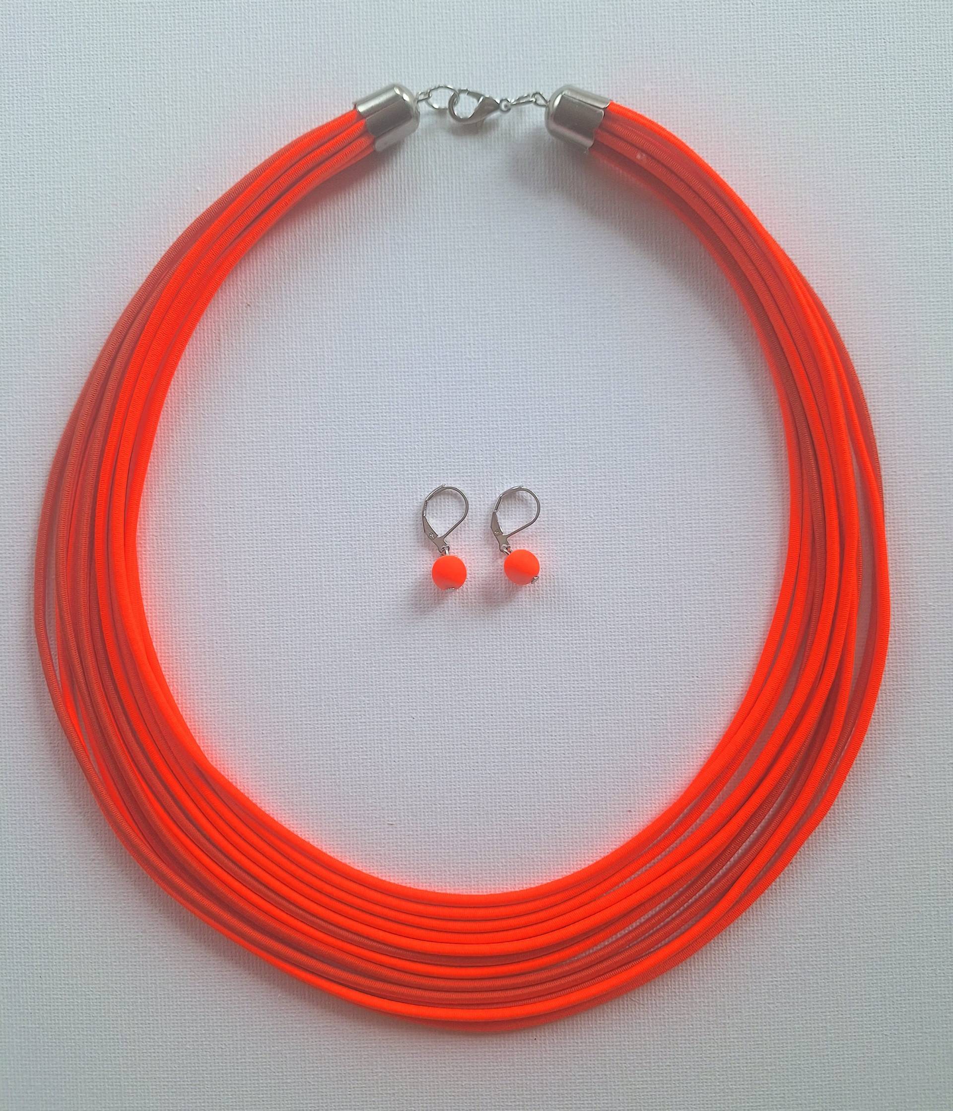 Neon Orange Bib Halskette Und Ohrringe Set, Textilschmuck von Ivanely