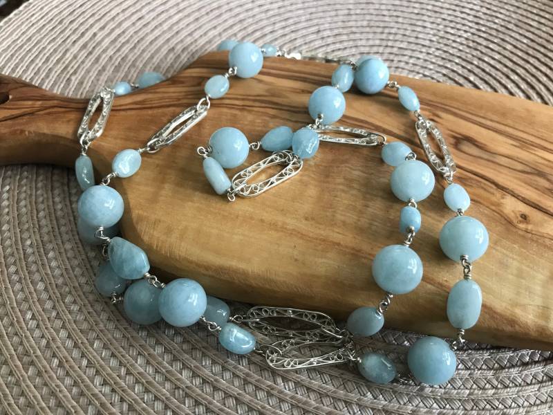 Schicke Sterling Silber Hellblaue Perlenkette von IvansJewelry